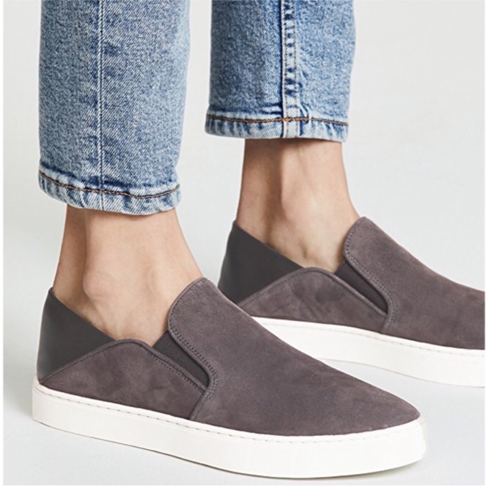 VINCE Revolve Garvey Round Toe Slip-On Suede & Leather Sneakers Pewter Grey‎ 9.5